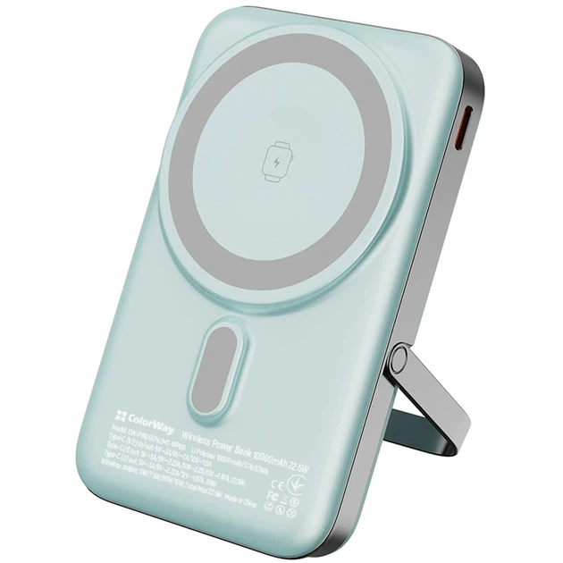 Повербанк ColorWay 10000 mAh 22,5 Вт 2xType-C PD3.0 MagSafe 15 Вт LED-дисплей Aquamarine (MCT-CW-PB100LPA2MT-WPDD)