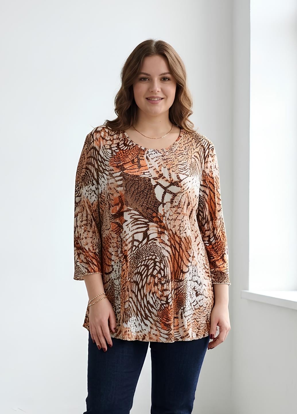 Блузка футболка жіноча плісе в абстрактний принт M.Collection 16795 2XL Коричневий