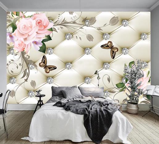 Фотообои 3D флизелиновые цветочные для спальни/зала/кухни Белые ромбики и цветы