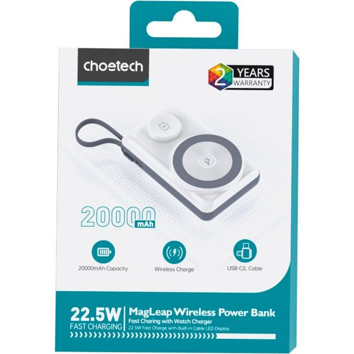 Повербанк Choetech B695 10000 mAh 15W PD 3.0/QC 3.0 Magnetic Wireless White (B695-GW) - фото 5