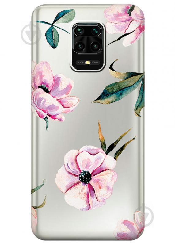 Прозрачный силиконовый чехол iSwag для Xiaomi Redmi Note 9S с рисунком - Пионы (M1655)