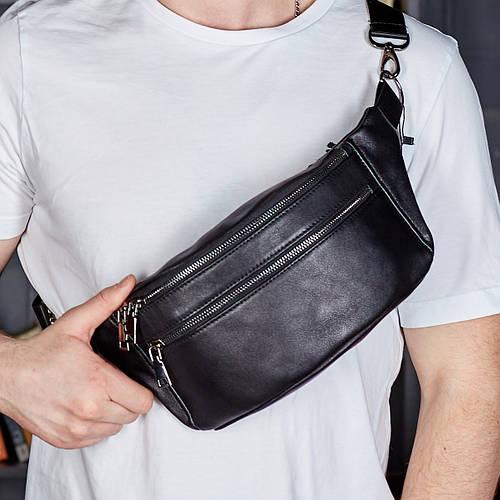 Мужская сумка-бананка Tiding Bag на два отделения из натуральной кожи Черный (NM-50358)