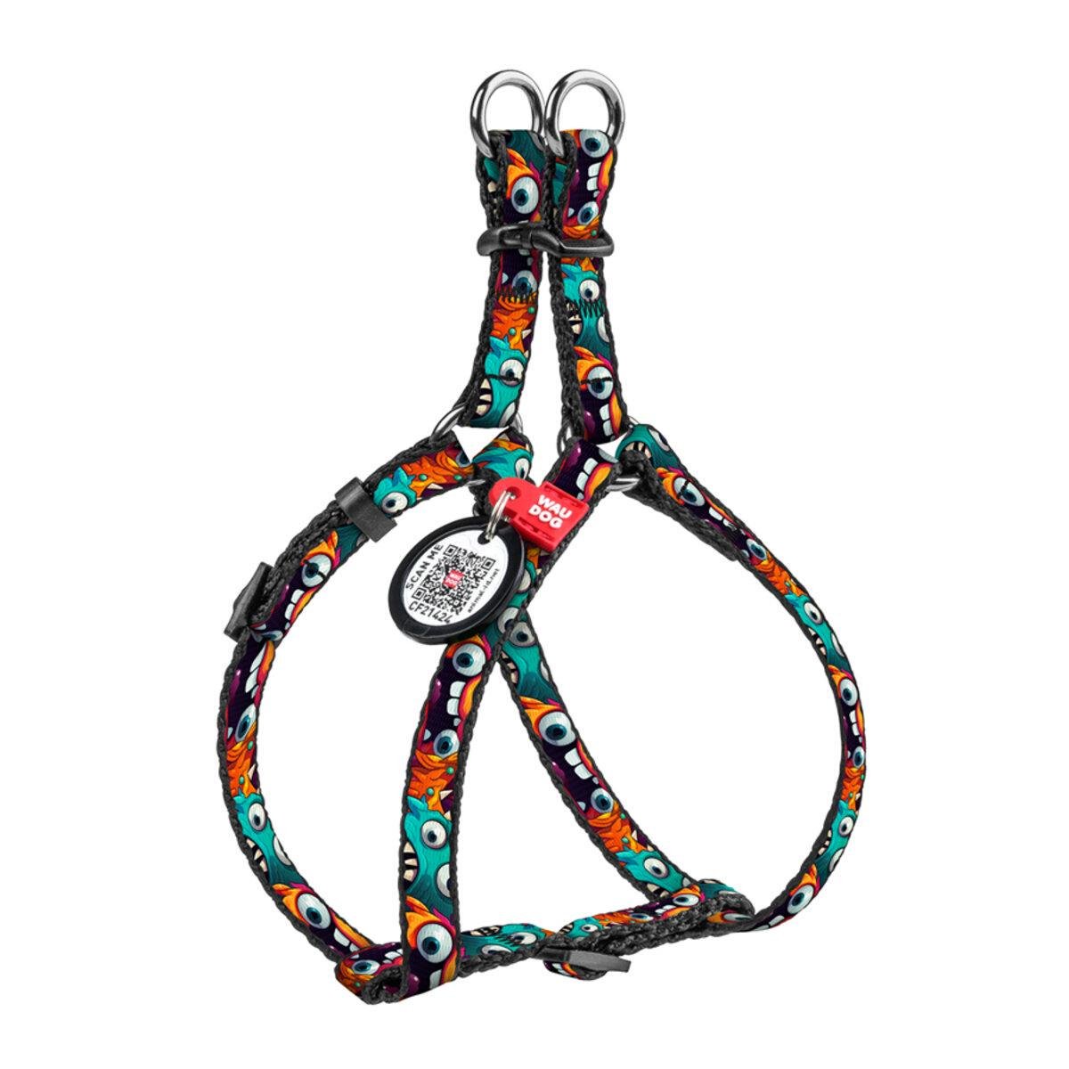 Шлея для кошек/мелких пород собак Waudog Nylon Зубастые монстры с QR паспортом/пластиковым фастексом XS 10 мм х 28-40 см (319-4048 Col)