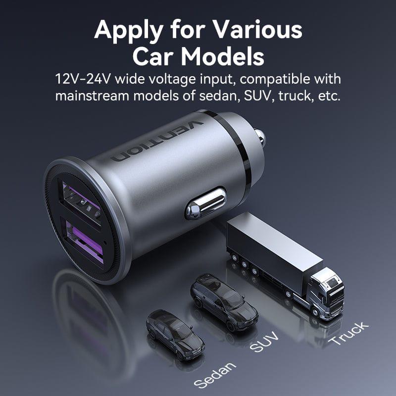 Зарядное устройство автомобильное Vention Two-Port USB A+A 30/30 Car Charger Gray Mini Style Aluminium Alloy Type (FFEH0) (FFEH0) - фото 3