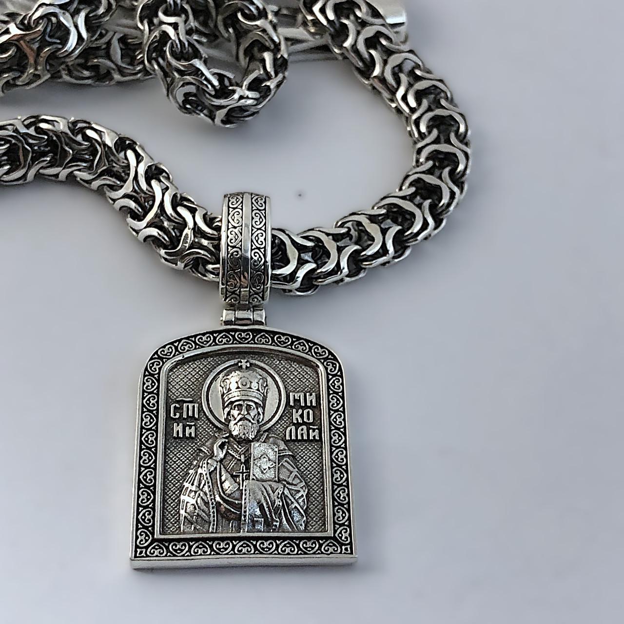 Комплект мужской серебряный рамзес ладанка с изображением Николая Чудотворца 65 см