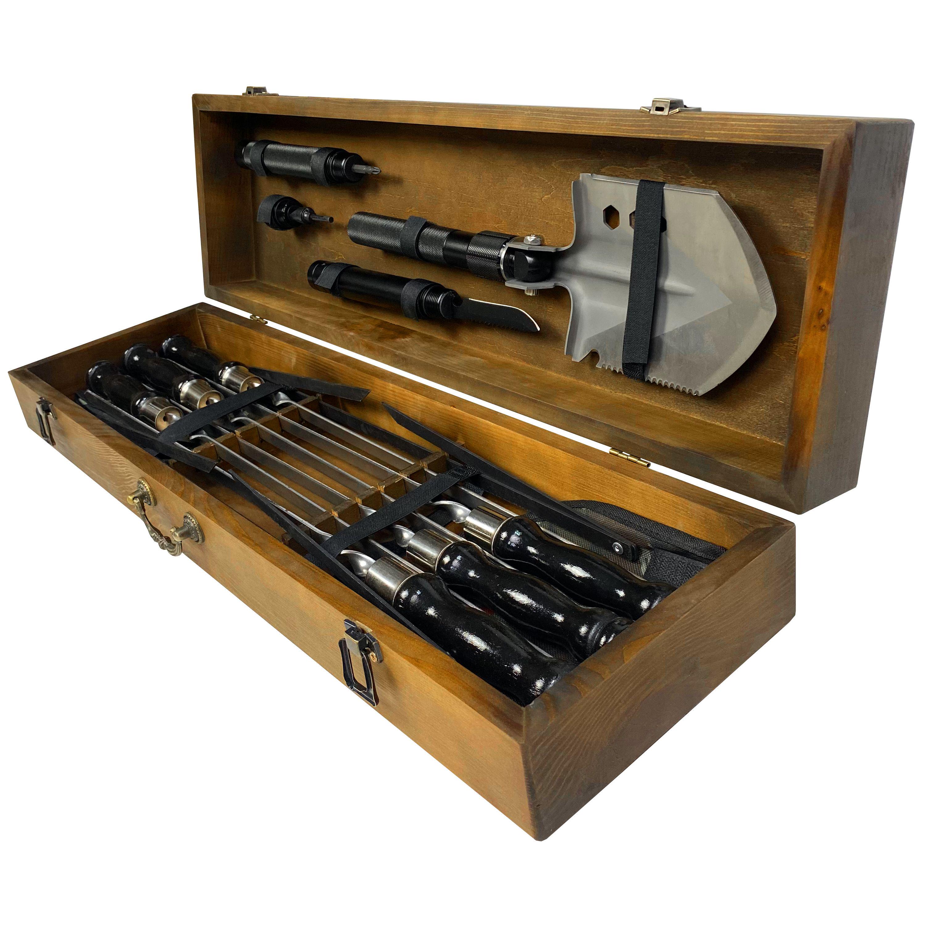 Подарунковий набір шампурів з аксесуарами Mzavod Індіана Джонс із нержавіючої сталі в дерев’яному кейсі 720x120x210 мм (136-17-1190810000815) - фото 2 Подарунковий набір шампурів з аксесуарами Mzavod Індіана Джонс із нержавіючої сталі в дерев’яному кейсі 720x120x210 мм (136-17-1190810000815) - фото 2