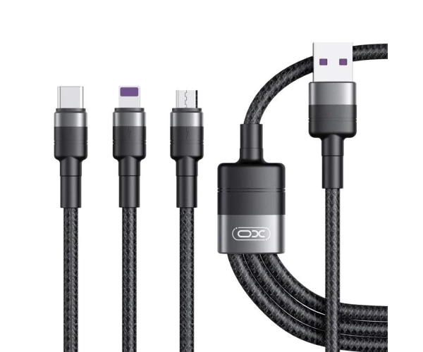 Кабель USB Xo NB-Q191 3в1 с функцией быстрой зарядки 2,4 A Type-C/MicroUSB/Lightning 66W 1,2 м Black