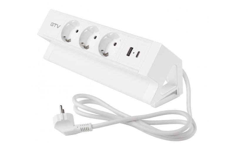 Удлинитель настольный GTV Basco с креплением 3-Schuko USB A+C кабель 1,5 м Белый (AE-GMBAS3S2U-10)