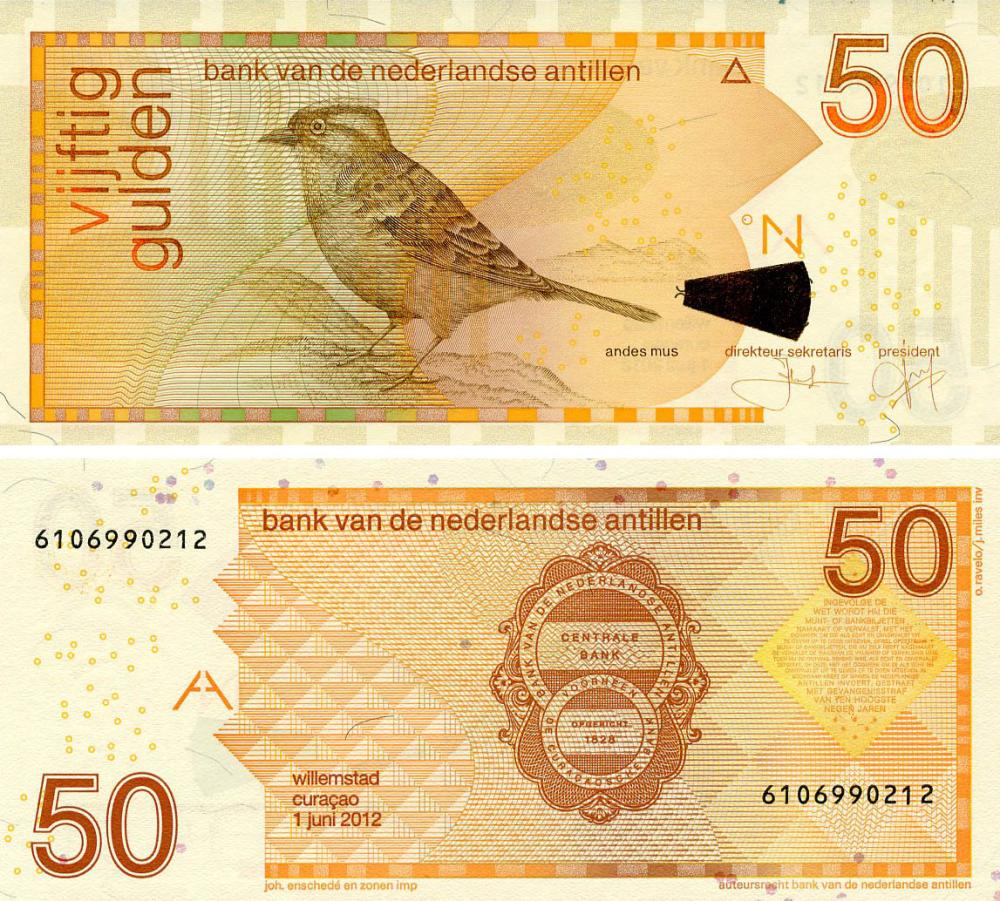 Коллекционная банкнота Нидерландские Антиллы 50 гульденов 2012 UNC Птица-Воробец (P30f)