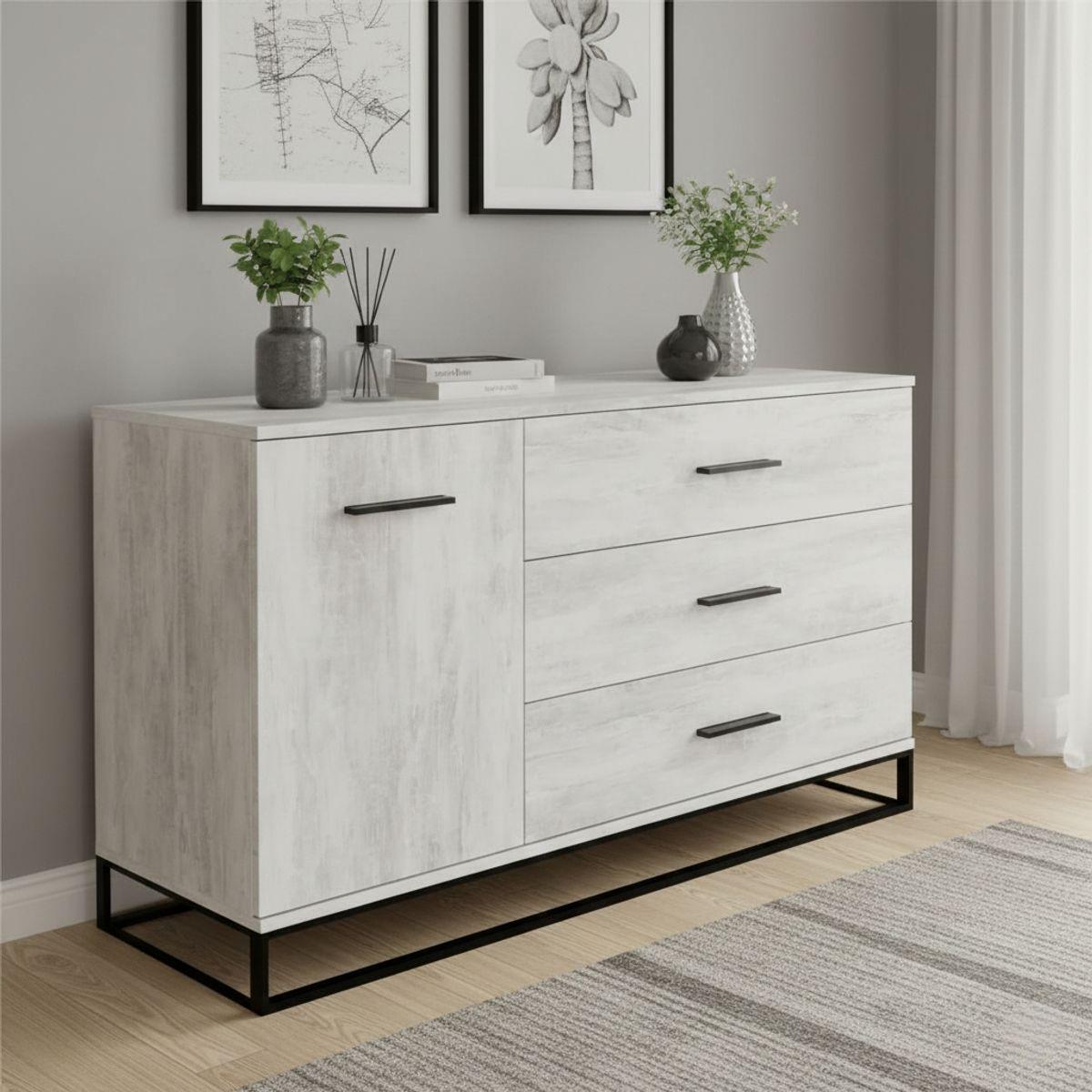 Комод в стиле лофт AiH Ascet 3 ящика с дверцей ламинированное ДСП/металлические ножки 120х70х42,5 см Ателье светлый (AS04040000030)