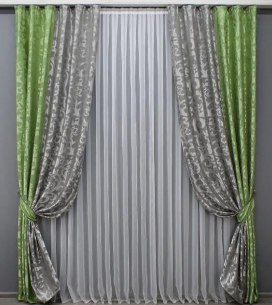 Комплект комбинированных штор жаккард 1,5х2,7 м 2 шт. Салатовый/Серый (014дк/297-293ш)