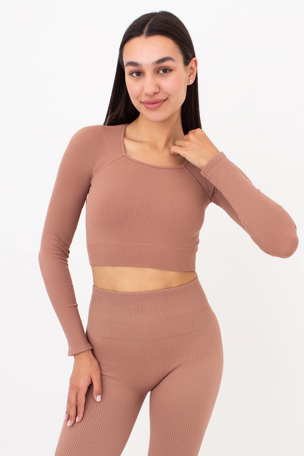Топ вкорочений Giulia CROP TOP з довгим рукавом RIB one size Brown-mokko (4823116929401)