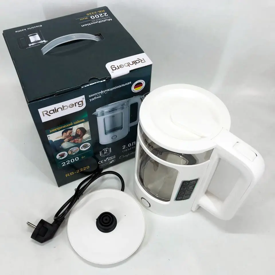 Электрочайник стеклянный Rainberg RB-2220 2200 Вт с подсветкой Белый (GR-05133) - фото 3 Электрочайник стеклянный Rainberg RB-2220 2200 Вт с подсветкой Белый (GR-05133) - фото 3