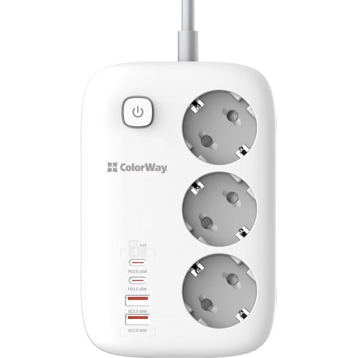 Сетевой фильтр ColorWay CW-CHE34PDW GaN3 Pro PD 65W 3 розетки 2 USB-A 2 USB-C 2 м White (26075395) - фото 4 Сетевой фильтр ColorWay CW-CHE34PDW GaN3 Pro PD 65W 3 розетки 2 USB-A 2 USB-C 2 м White (26075395) - фото 4