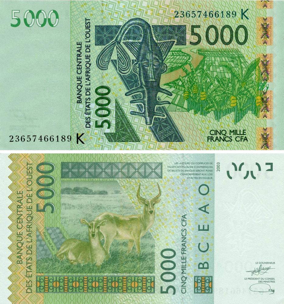 Коллекционная банкнота Западная Африка 5000 франков 2003 2023 UNC K Сенегал Антилопа-КОБ или болотный козел (Pnew)