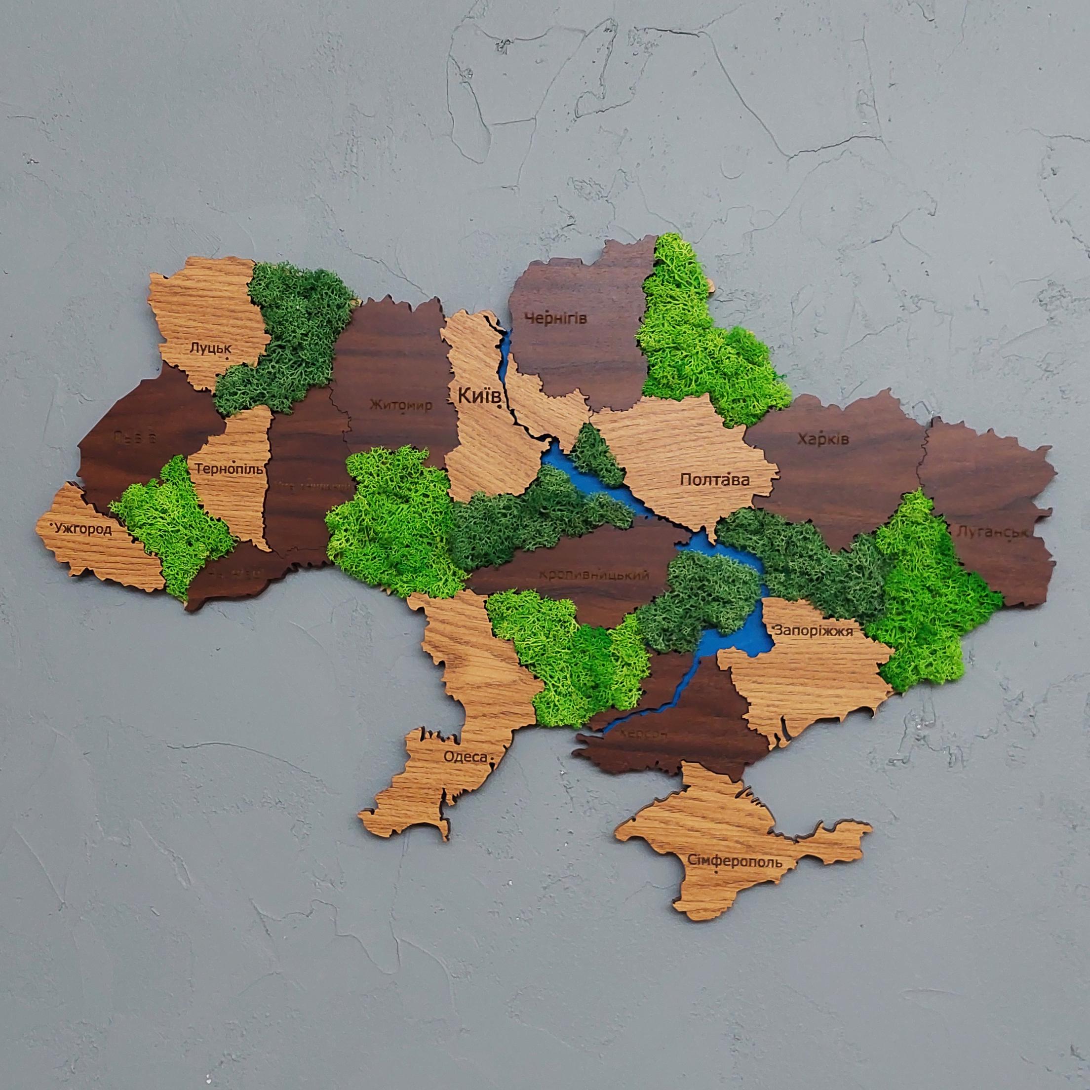 Карта України на стіну з імітацією дерева та мохом 60х40 см
