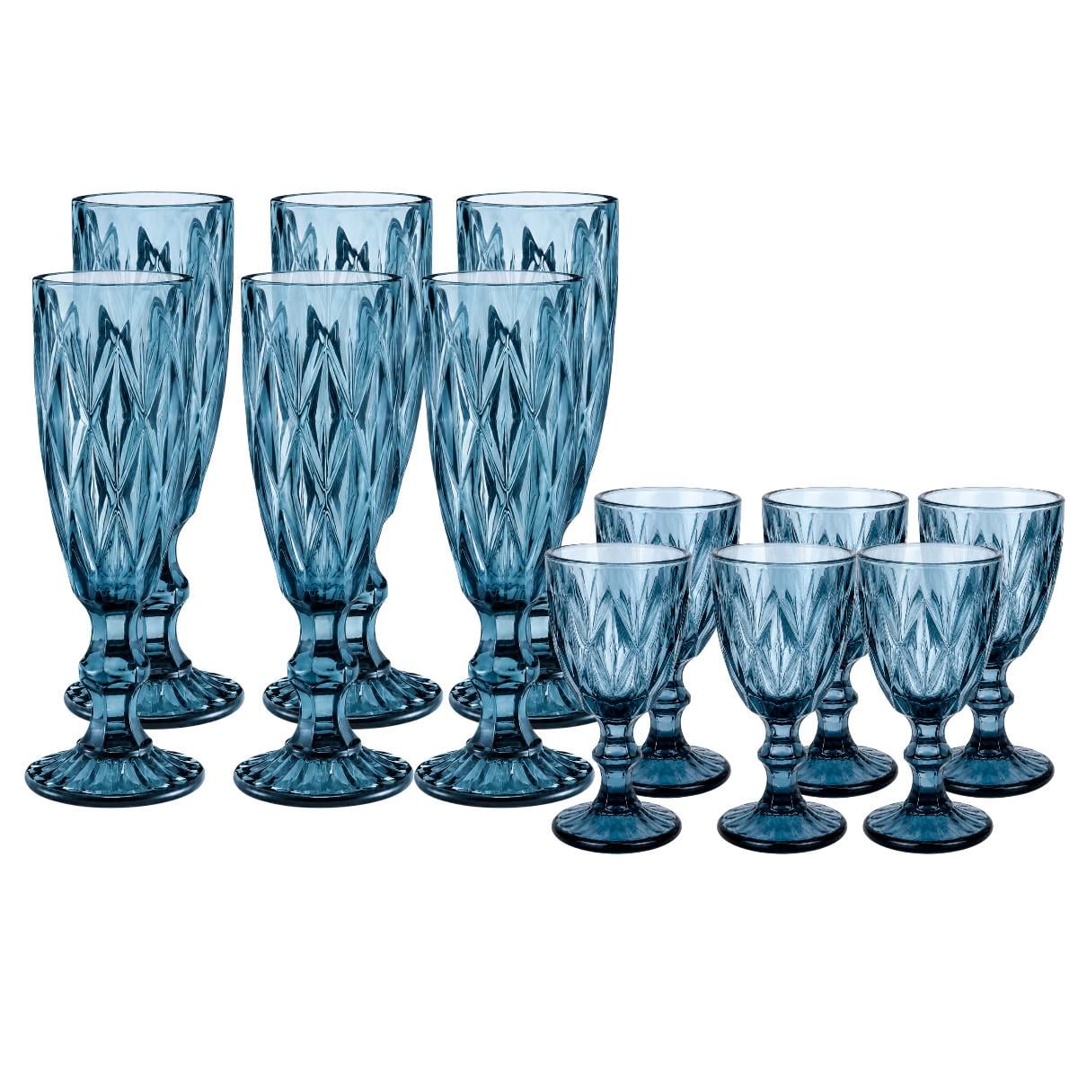 Набор бокалов граненных для шампанского с рюмками High Quality Glass 12 предметов Blue