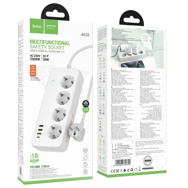 Удлинитель сетевой Hoco AC22 Sunlight 4-bit Desktop Socket White (PD30W/1C3A) - фото 6