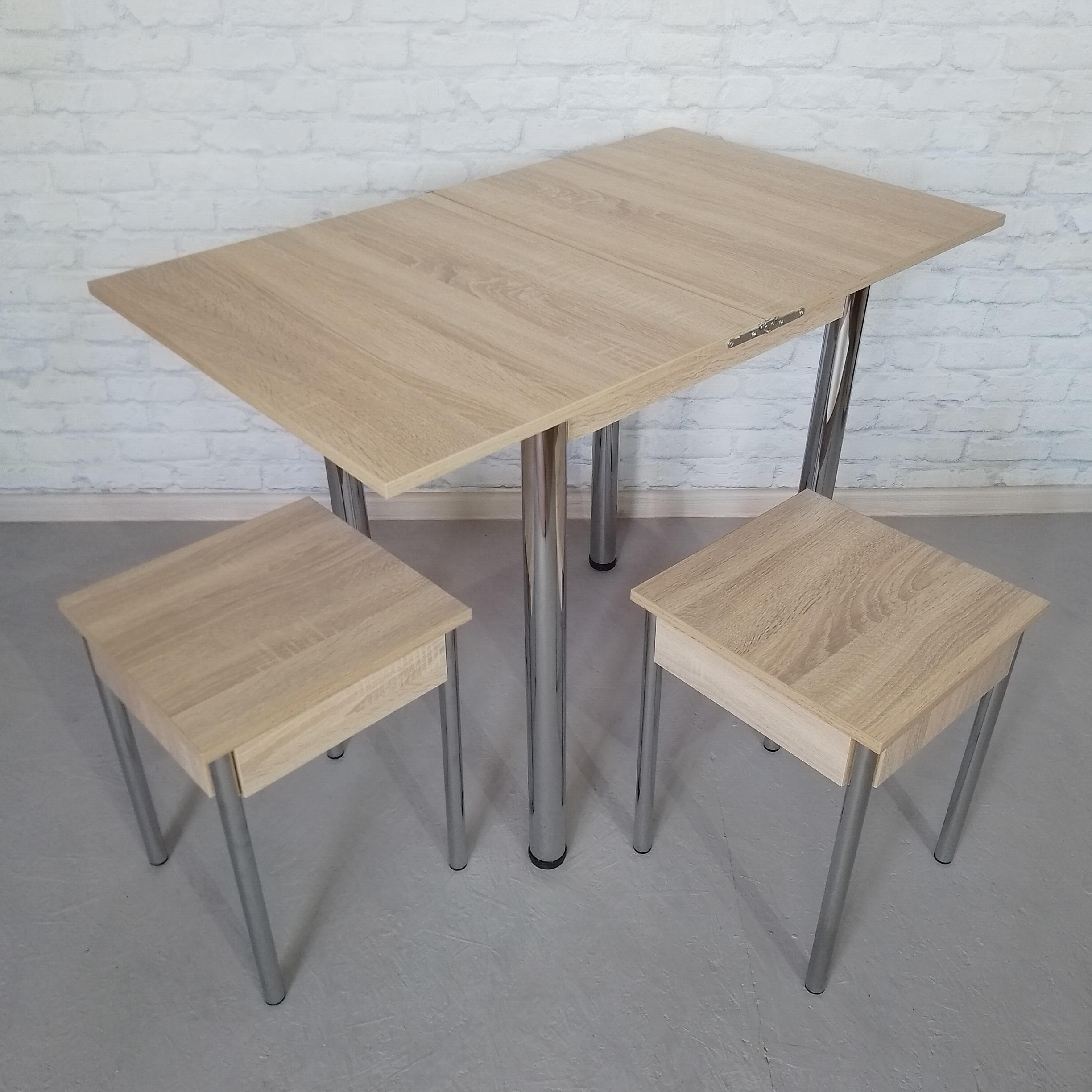 Обеденный стол и 2 табурета Смарт раскладной/ножки металлические 60х50х75 см/100х60х75 см Дуб сонома/Хром (0055)