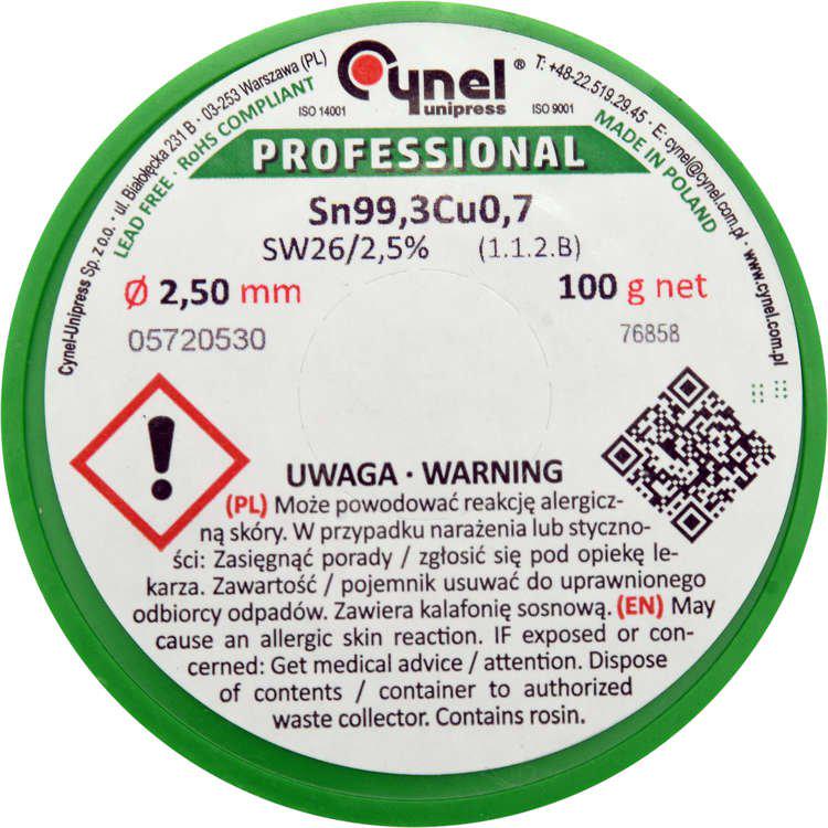 Припой бессвинцовый Cynel Sn99,3Cu0,7 2,5 мм 100 г (76858) - фото 2