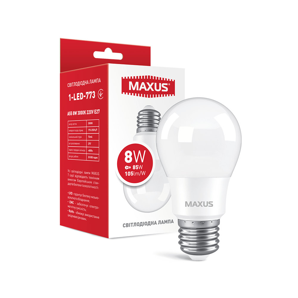 Лампа світлодіодна MAXUS A55 8W 3000K 220V E27 1-LED-773 (2221395482)