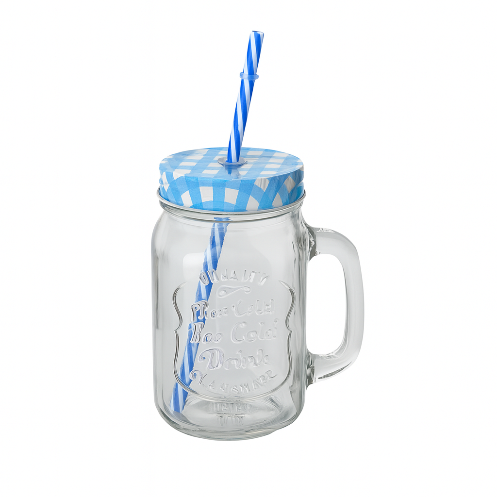 Чашка-банка Stenson стеклянная с крышкой и трубочкой 400 мл Прозрачный/Голубой (617777)