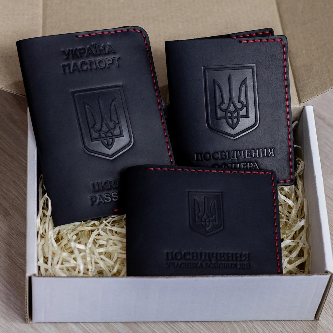 Набор обложек на УБД/удостоверение офицера/паспорт с красной нитью Черный (767dd36a)