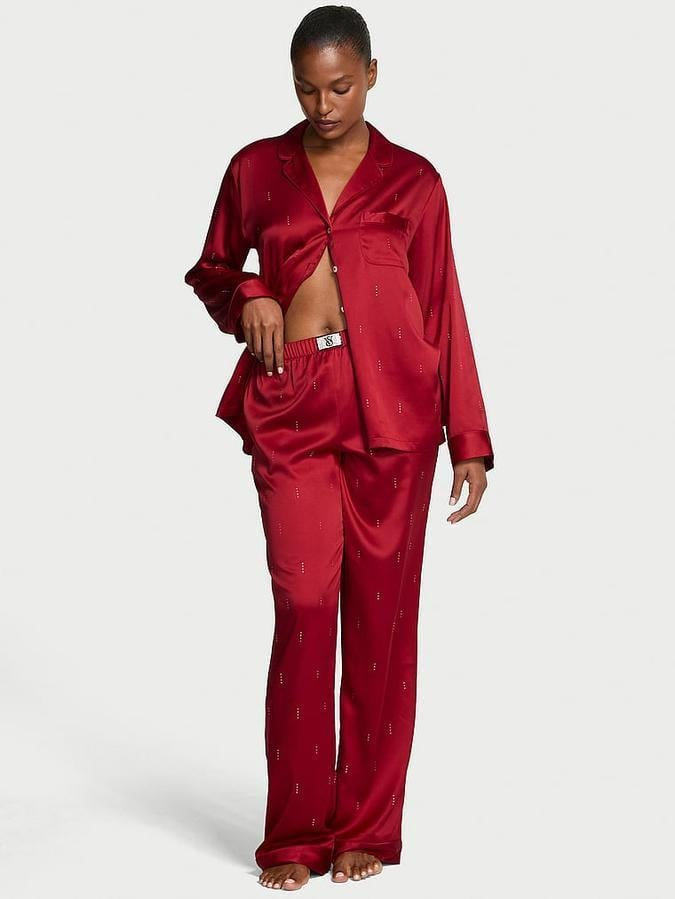 Пижама сатиновая Victoria's Secret Signature Satin Shine Long Pajama Set Red Laquer Regular S Красный (27198410)