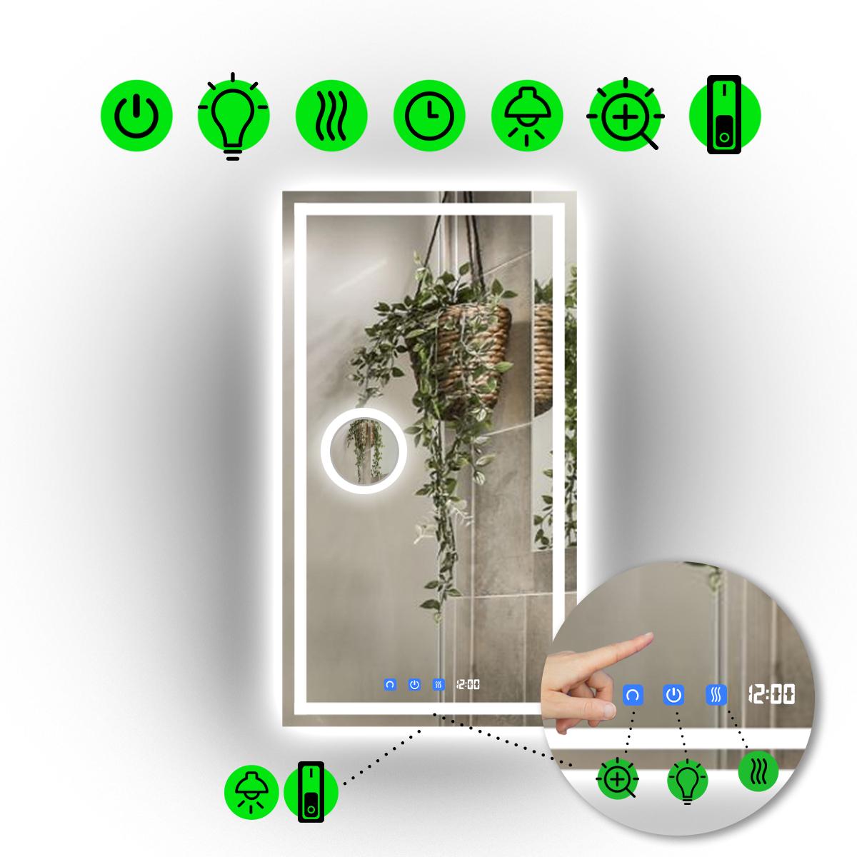 Зеркало с LED подсветкой Karnet с тремя сенсорами/часами и механическим включателем 60x80 см (Karnet/600x800/6191-14/22/1)