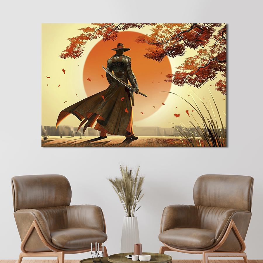 Настенный декор картина на холсте для интерьера Крутой самурай 80x54 см (684-1)
