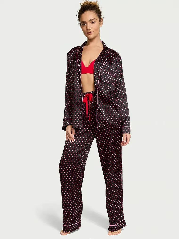 Піжама сорочка/штани сатинова Victoria's Secret Glazed Satin Long Pajama Set Regular S Чорний (26985639)