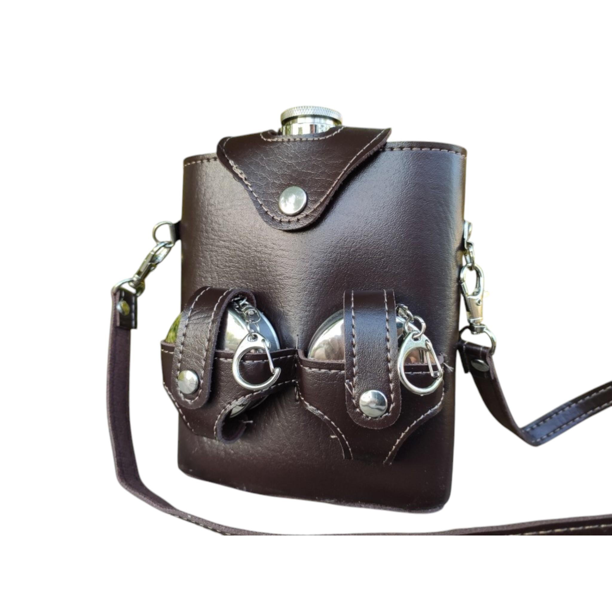 Набор походный Skin TD18 фляга 530 мл 2 сложных стакана 70 мл в кожаном чехле Brown (F_F1-32)