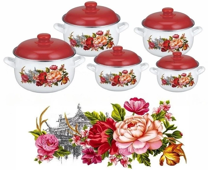 Набор эмалированных кастрюль Edenberg Цветы 5 шт. 10 предметов (EB-1874) - фото 2