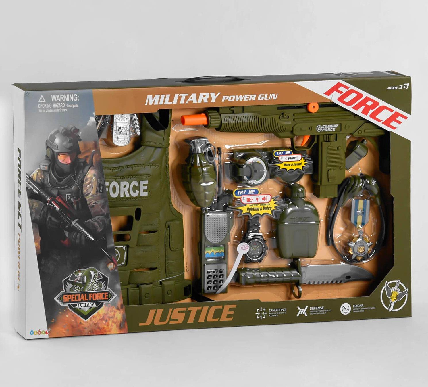 Набор военный Jistice автомат с трещоткой рация со светом и звуком бронежилет нож граната 12 элементов Хаки (106198)