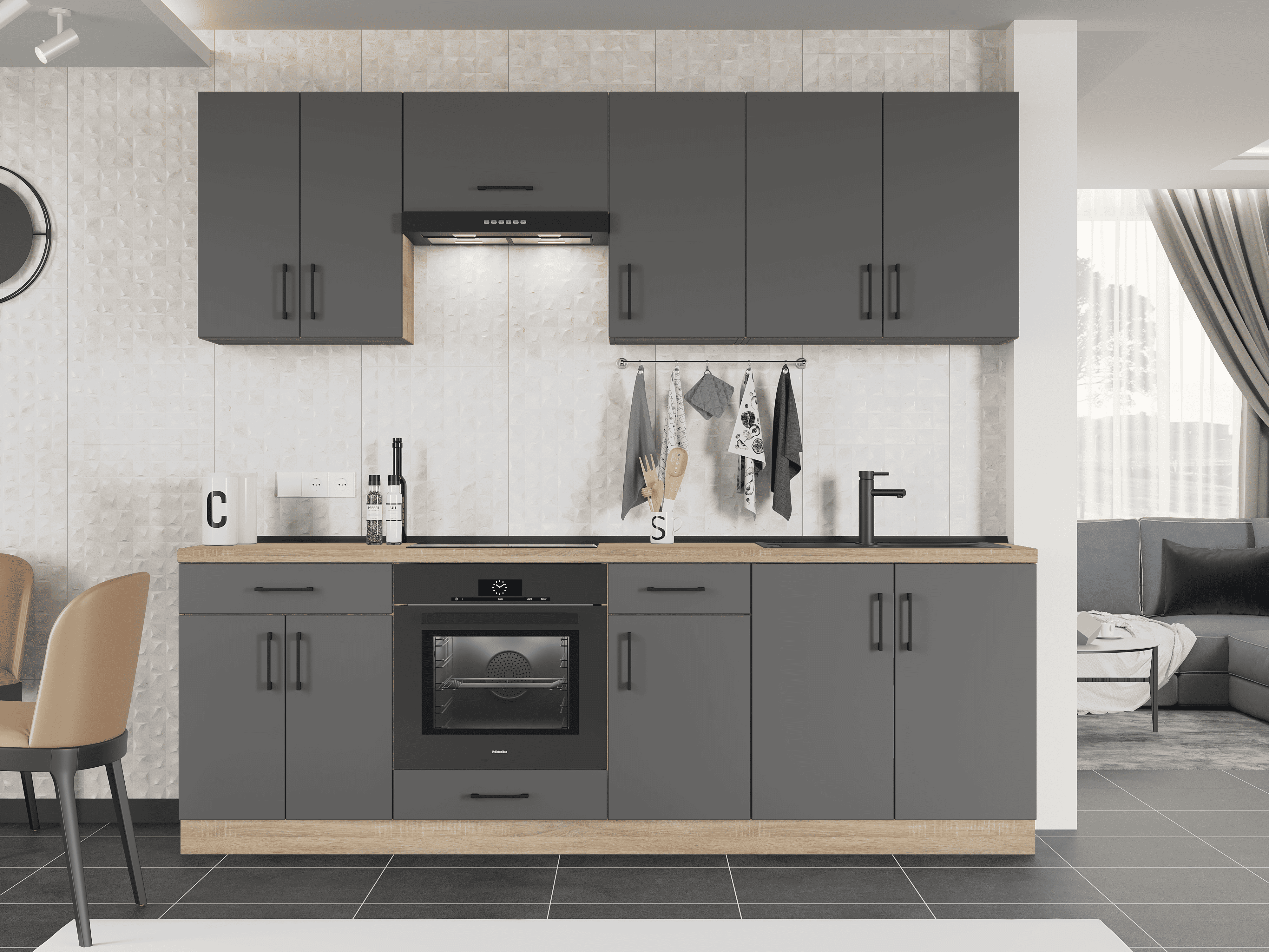 Готовая кухня Еверест К-7 Оптима ДСП без столешницы/без мойки 2,4 м Графит/Графит/Дуб Сонома (09187)