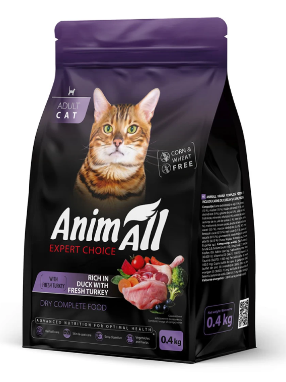 Корм для кошек сухой AnimAll со свежей индейкой и уткой 0,4 кг Корм для кошек сухой AnimAll со свежей индейкой и уткой 0,4 кг