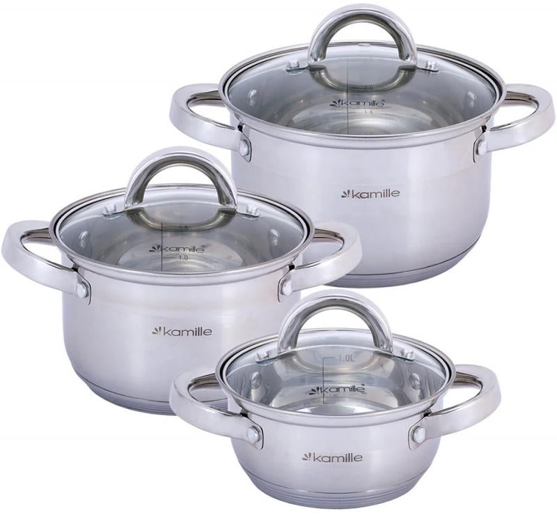 Кастрюли Kamille Madrid из нержавеющей стали с мерной шкалой 3 шт. (KM-5628S)