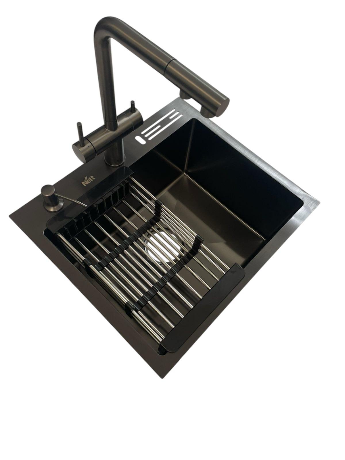 Мийка кухонна Nett NB-5245 з нержавіючої сталі та кран висувний з фільтром води Venta BK82FEG Чорний Мийка кухонна Nett NB-5245 з нержавіючої сталі та кран висувний з фільтром води Venta BK82FEG Чорний