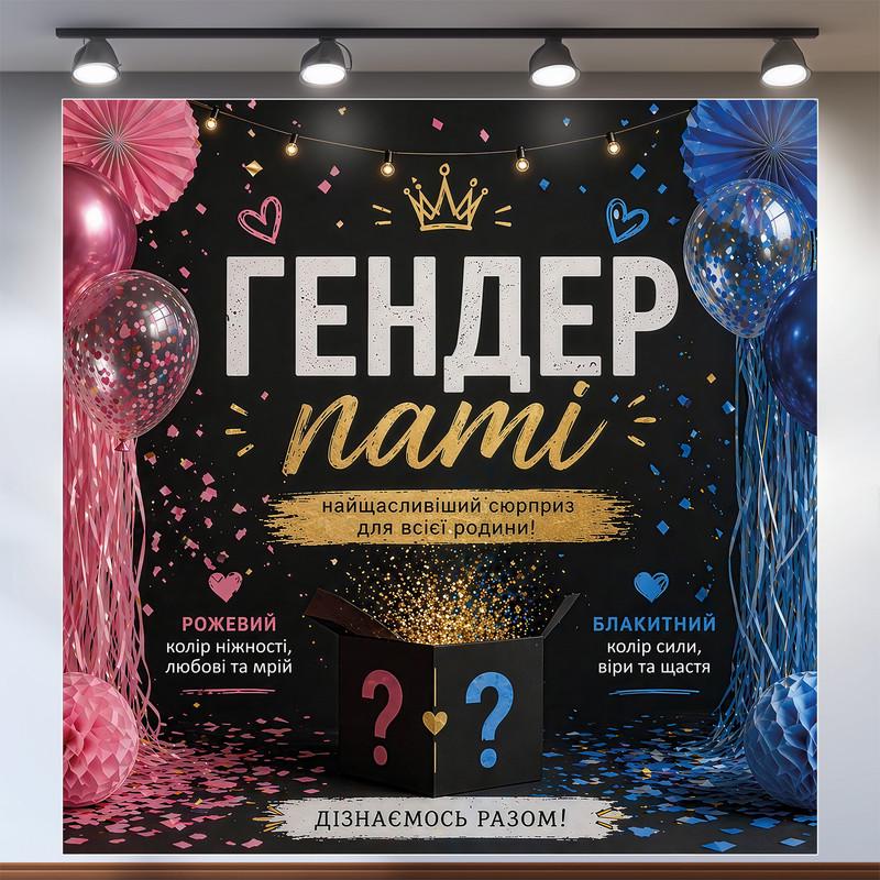 Баннер для вечеринки Гендер пати на черном фоне с короной и огоньками 200x200см, №48547 Баннер для вечеринки Гендер пати на черном фоне с короной и огоньками 200x200см, №48547