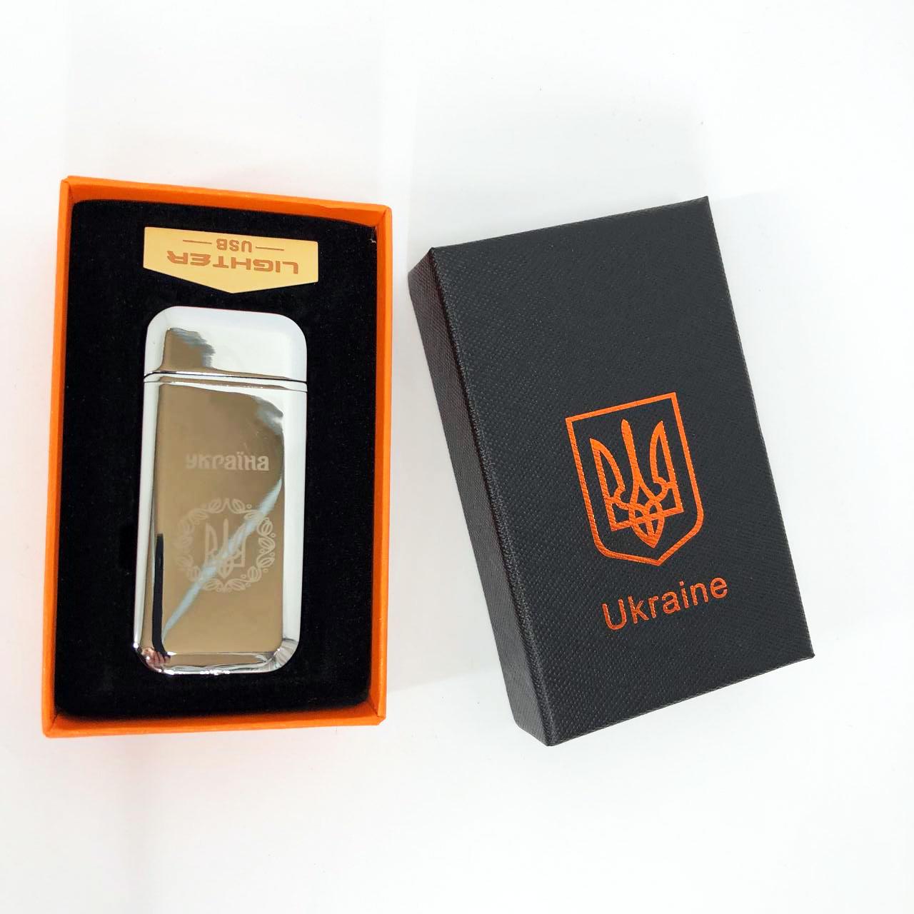 Зажигалка дуговая электроимпульсная зажигалка /USB Герб Украины индикатор заряда/фонарик Серебряный (HL-442) - фото 12