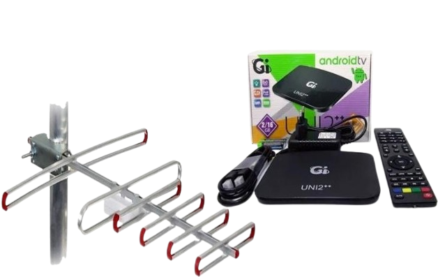 Комплект Смарт AndroidTV/Т2 тюнер GI UNI 2++ 2/16 TM/Антенна внешняя Super 4/40 км от ретранслятора (1066)