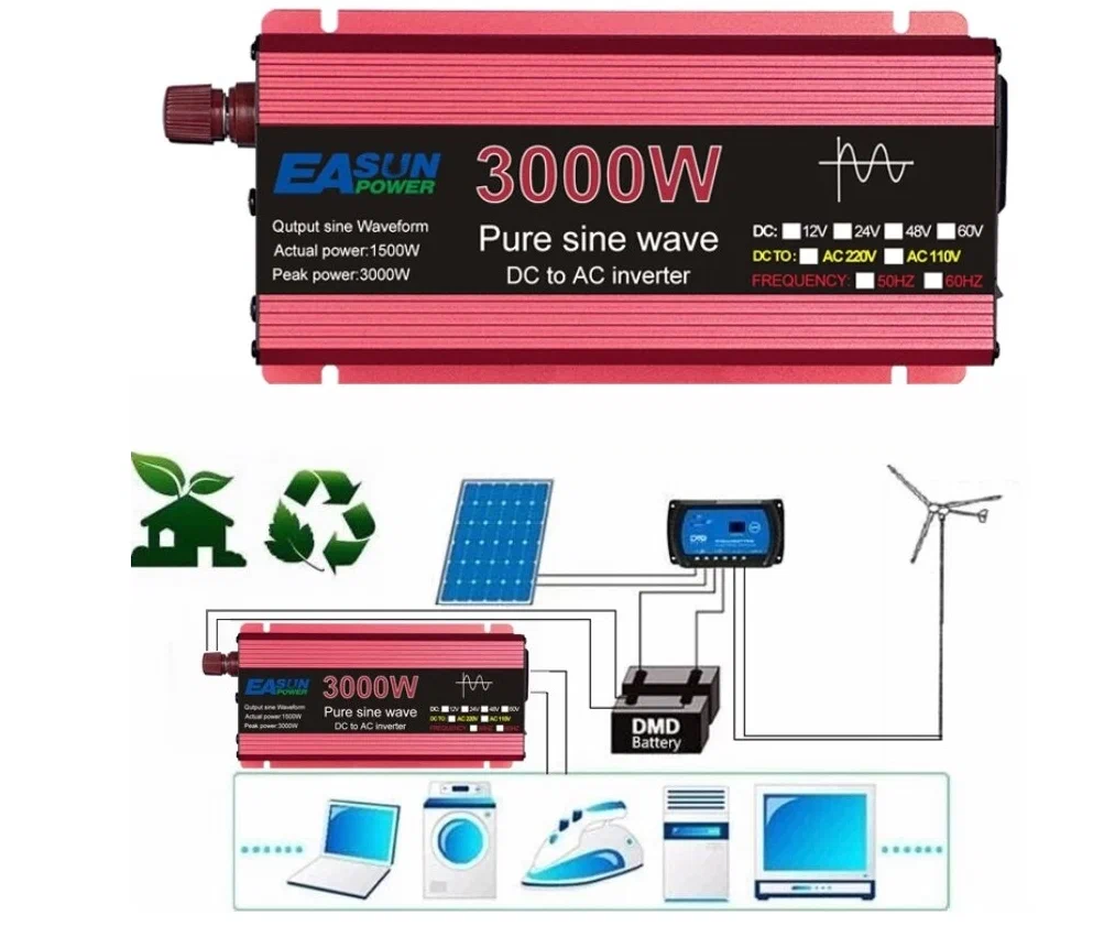 Инвертор напряжения EASUN Power чистая синусоида 12-220 В 3000 Вт Черный (3030) - фото 2 Инвертор напряжения EASUN Power чистая синусоида 12-220 В 3000 Вт Черный (3030) - фото 2