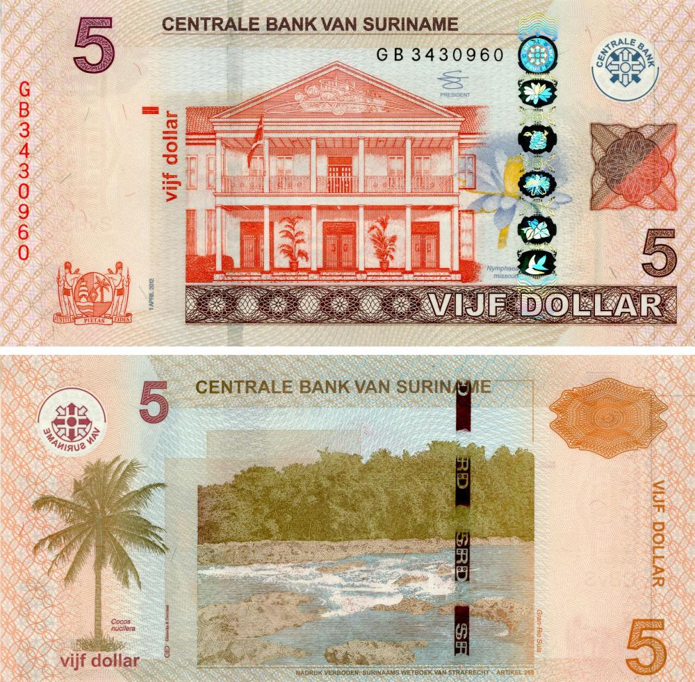 Коллекционная банкнота Суринам 5 долларов 2012 UNC P162 (Б16780)