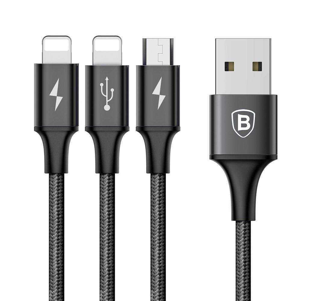 Кабель для зарядки телефона/смартфона 3в1 Baseus USB-Micro 2хLightning 3А 1,2 м Чорний (CAMLL-SU01)