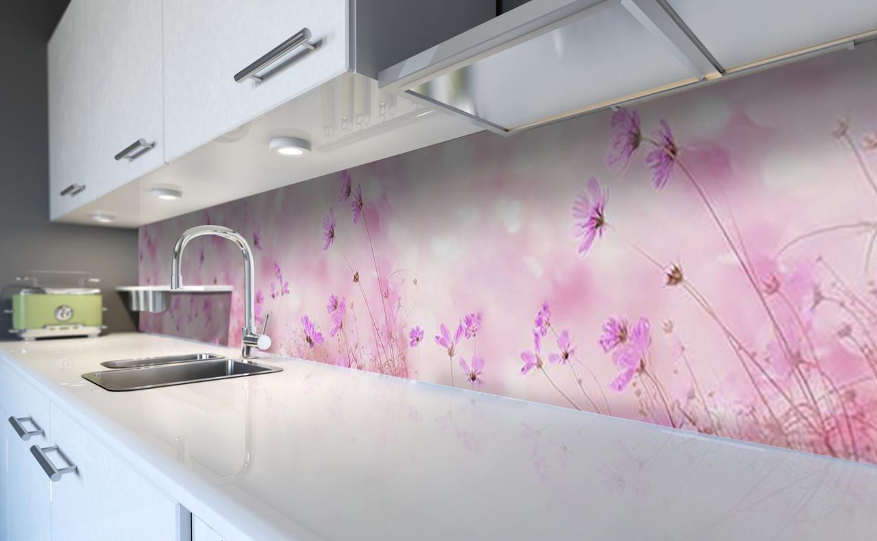 Кухонный фартук Полевые цветы травы из самоклеющейся виниловой пленки 60х300 см Розовый