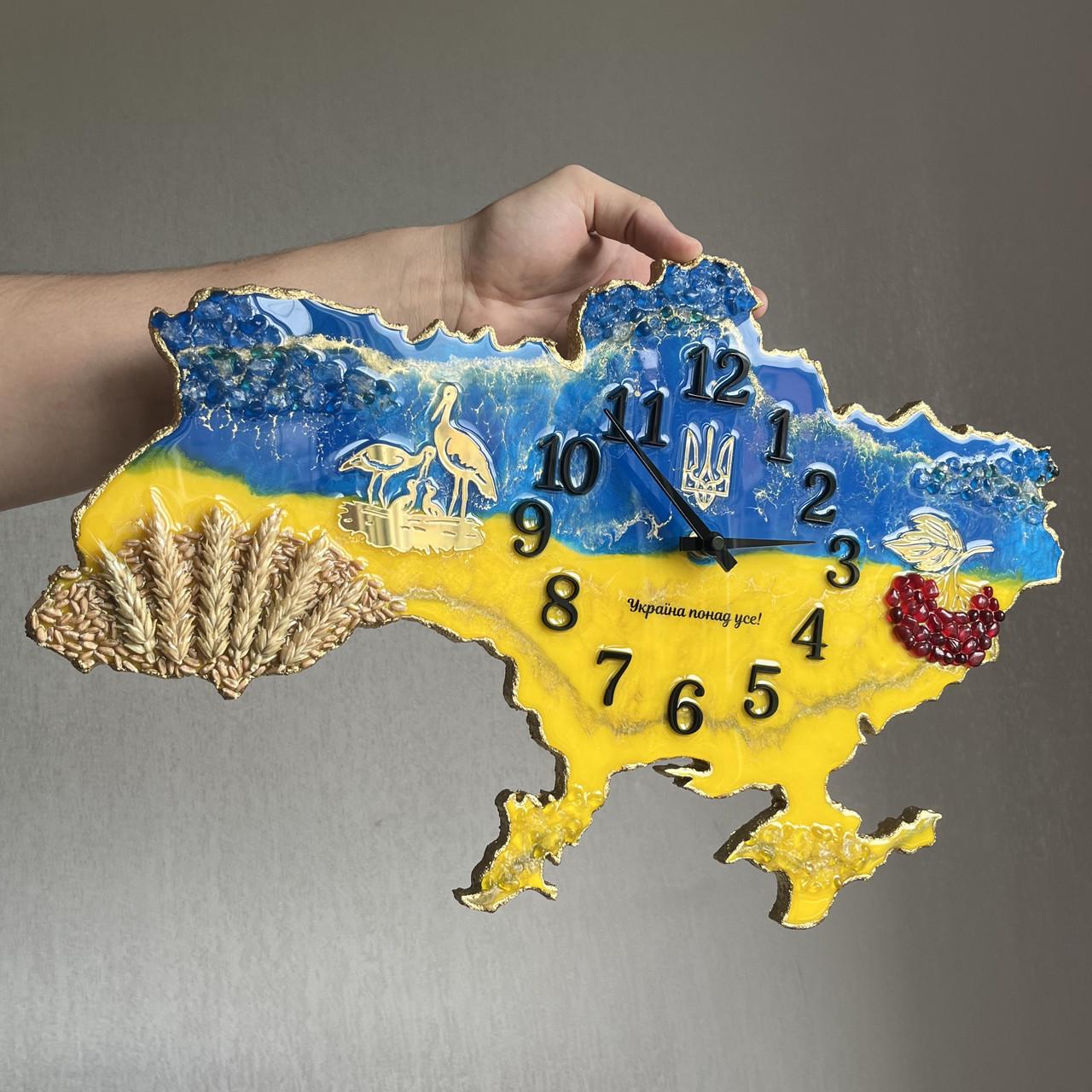Годинник настінний з епоксидної смоли Карта України 50x32 см