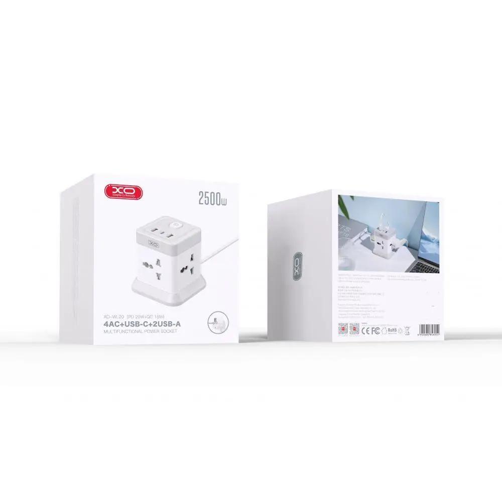 Подовжувач мережевий XO WL20 20W Square Socket 4AC USB-A+1USB-C PD/QC 2 м (ULT-9072683) - фото 2