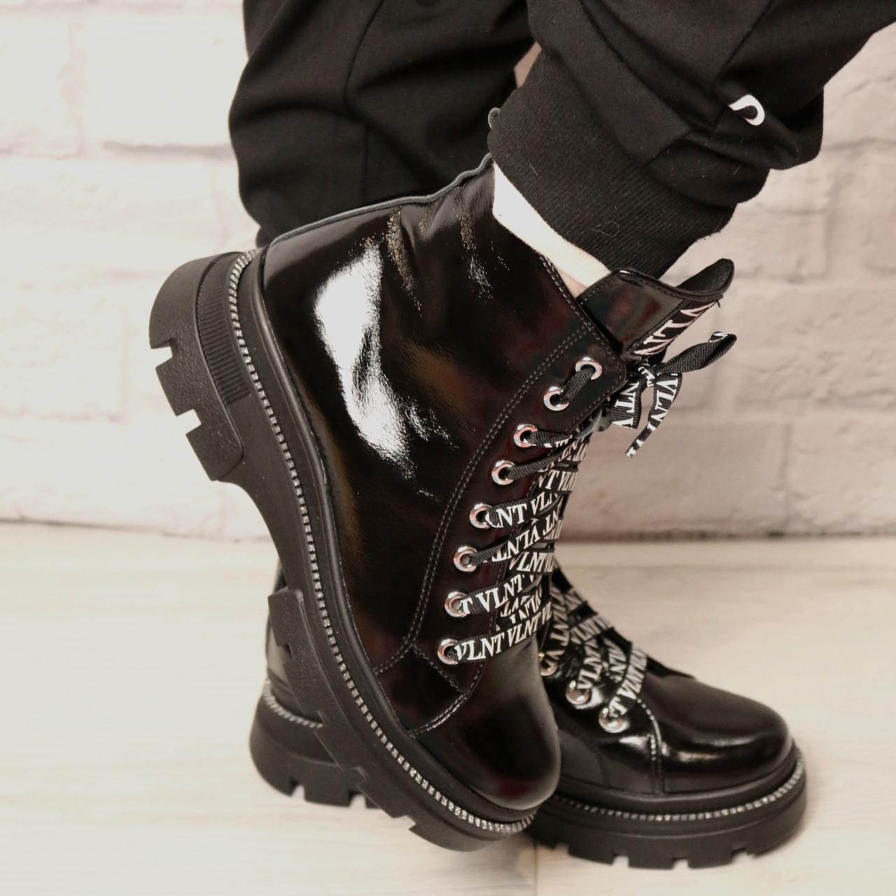 Ботинки женские молодежные демисезонные Valure кожаные лак со шнуровкой р. 36 Черный (1940)