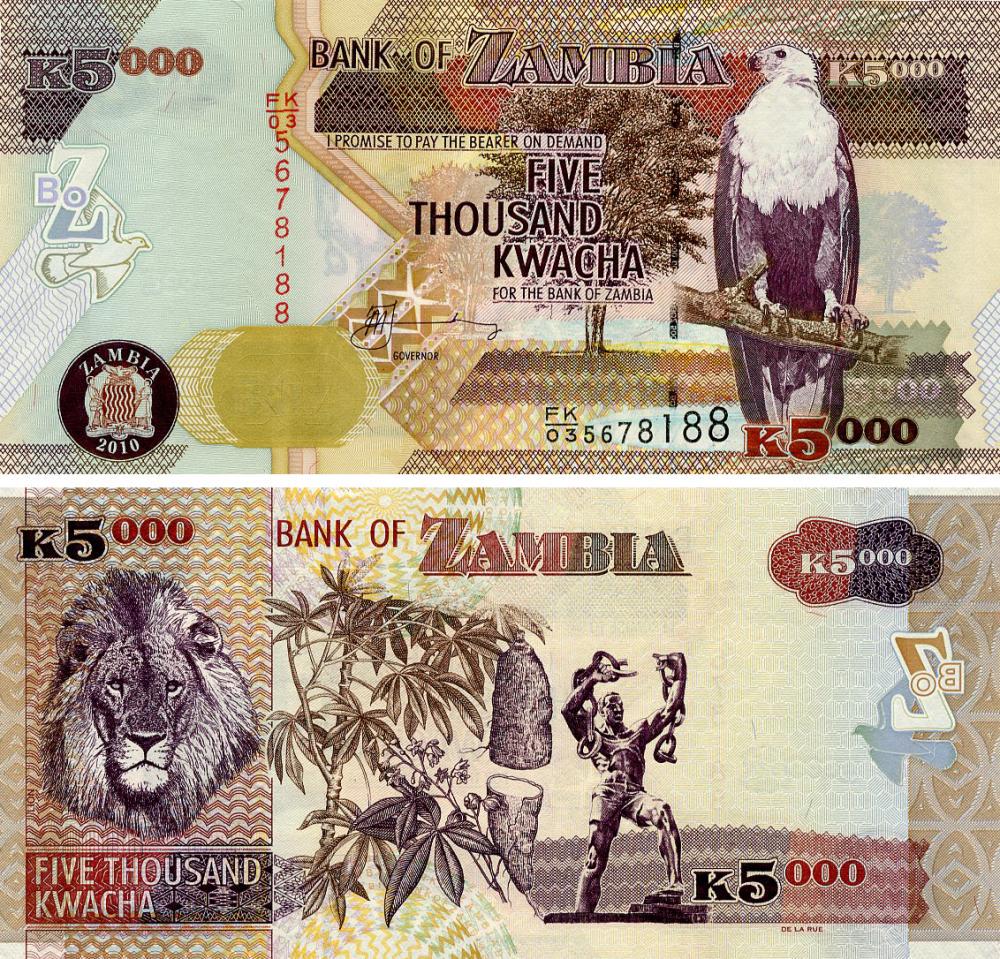 Коллекционная банкнота Замбия 5000 квача 2010 UNC Лев (P45f)