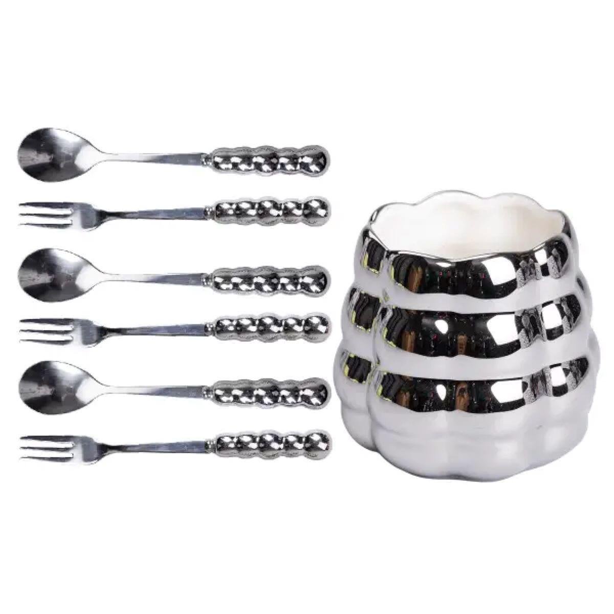 Набір десертних виделок і ложок на 3 персони з підставкою 7 пр. Сірий - фото 2 Набір десертних виделок і ложок на 3 персони з підставкою 7 пр. Сірий - фото 2